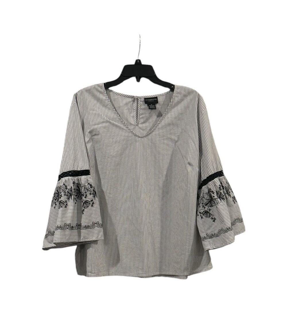 Liz Claiborne Striped V Neck Blouse SZ XL Embroidered Bell Sleeves Boho Chic